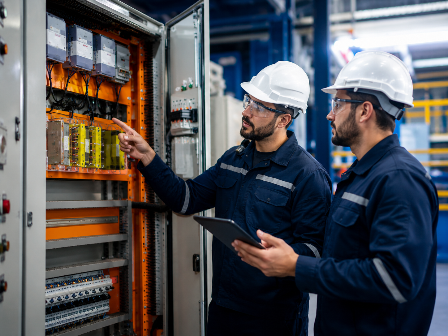 Equipe técnica analisando painel elétrico industrial